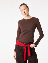 Pamuklu Slim Fit Uzun Kollu Dikiş Detaylı Bisiklet Yaka Tişört