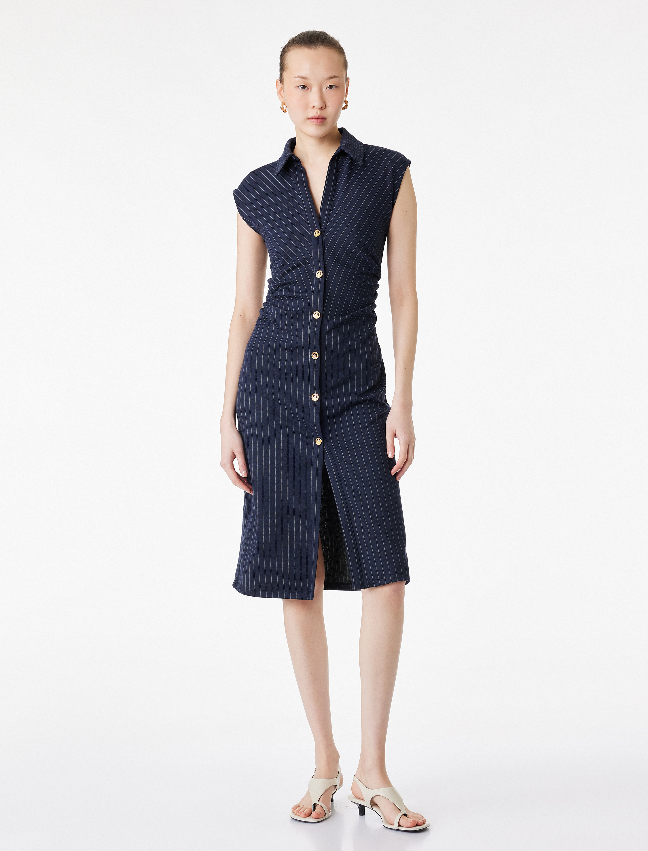   Slim Fit Drape Detaylı Düğmeli Kolsuz Midi Boy Gömlek Elbise