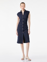 Slim Fit Drape Detaylı Düğmeli Kolsuz Midi Boy Gömlek Elbise