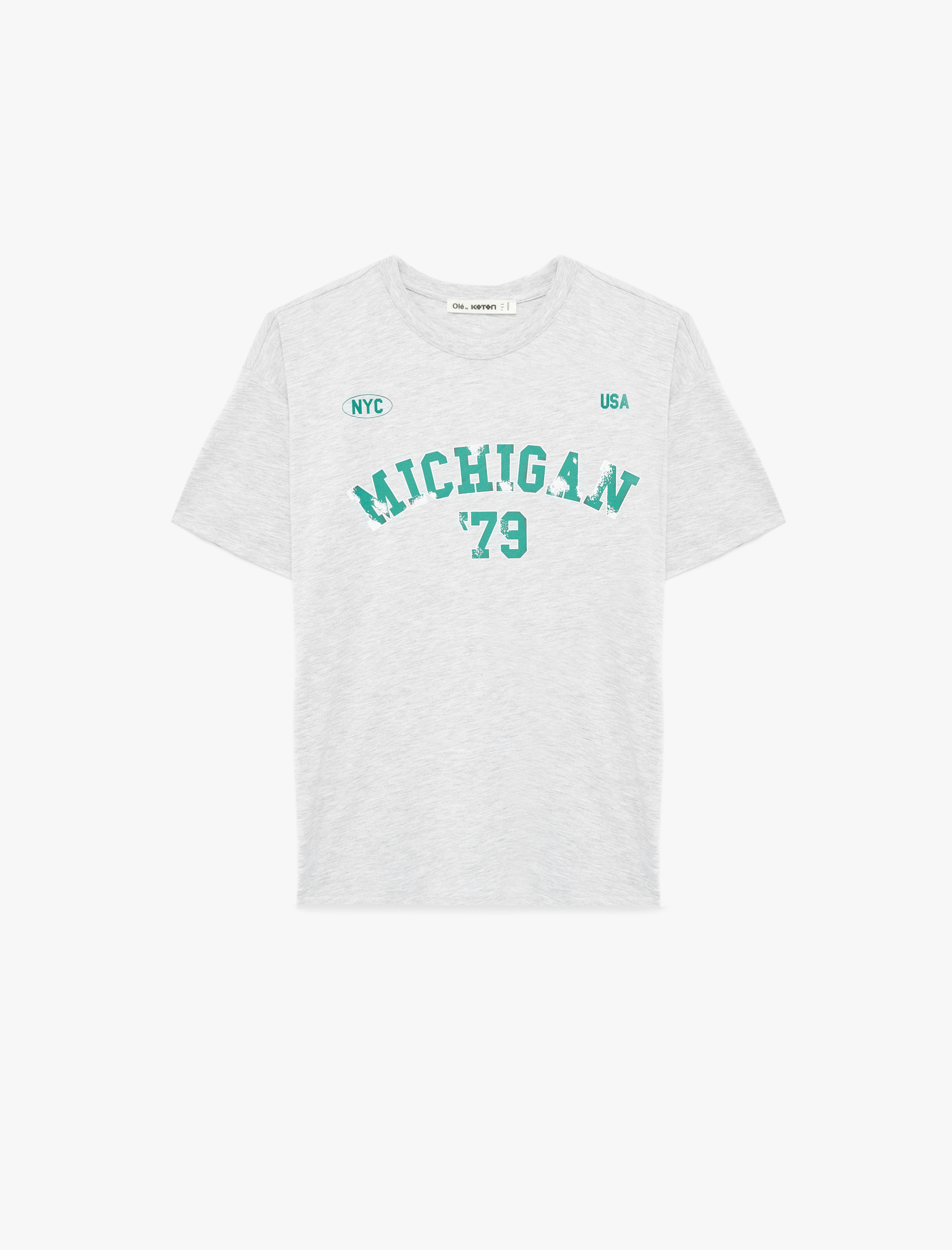   Rahat Kalıp Kısa Kollu Bisiklet Yaka Baskılı Tişört