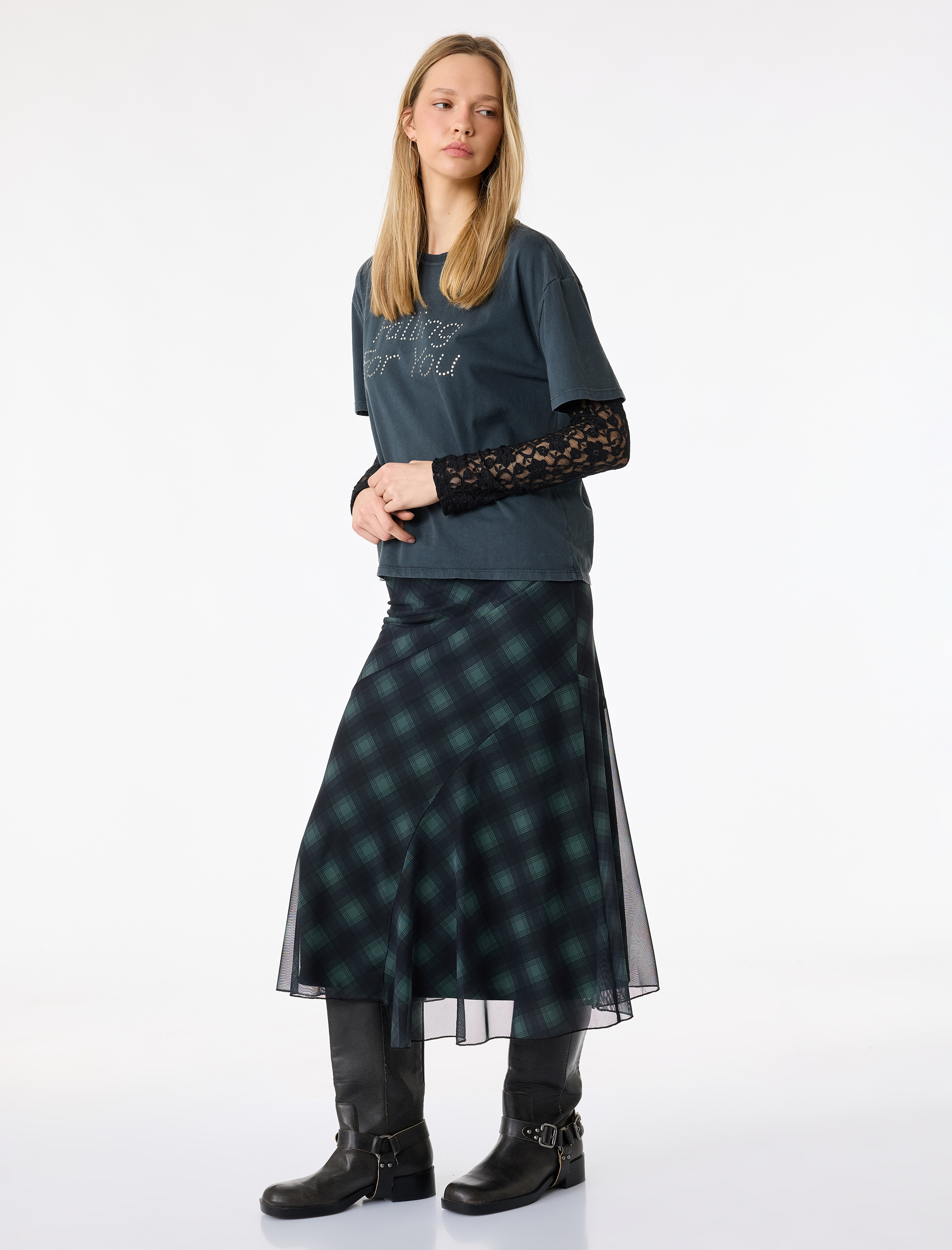   Asimetrik Kesim Ekoseli Midi Tül Etek