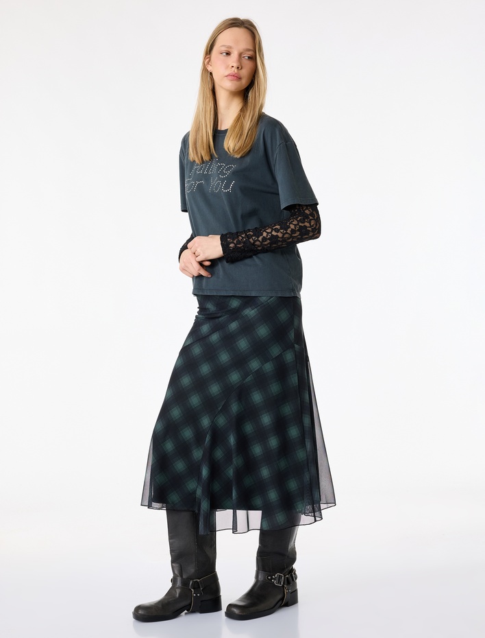  Asimetrik Kesim Ekoseli Midi Tül Etek