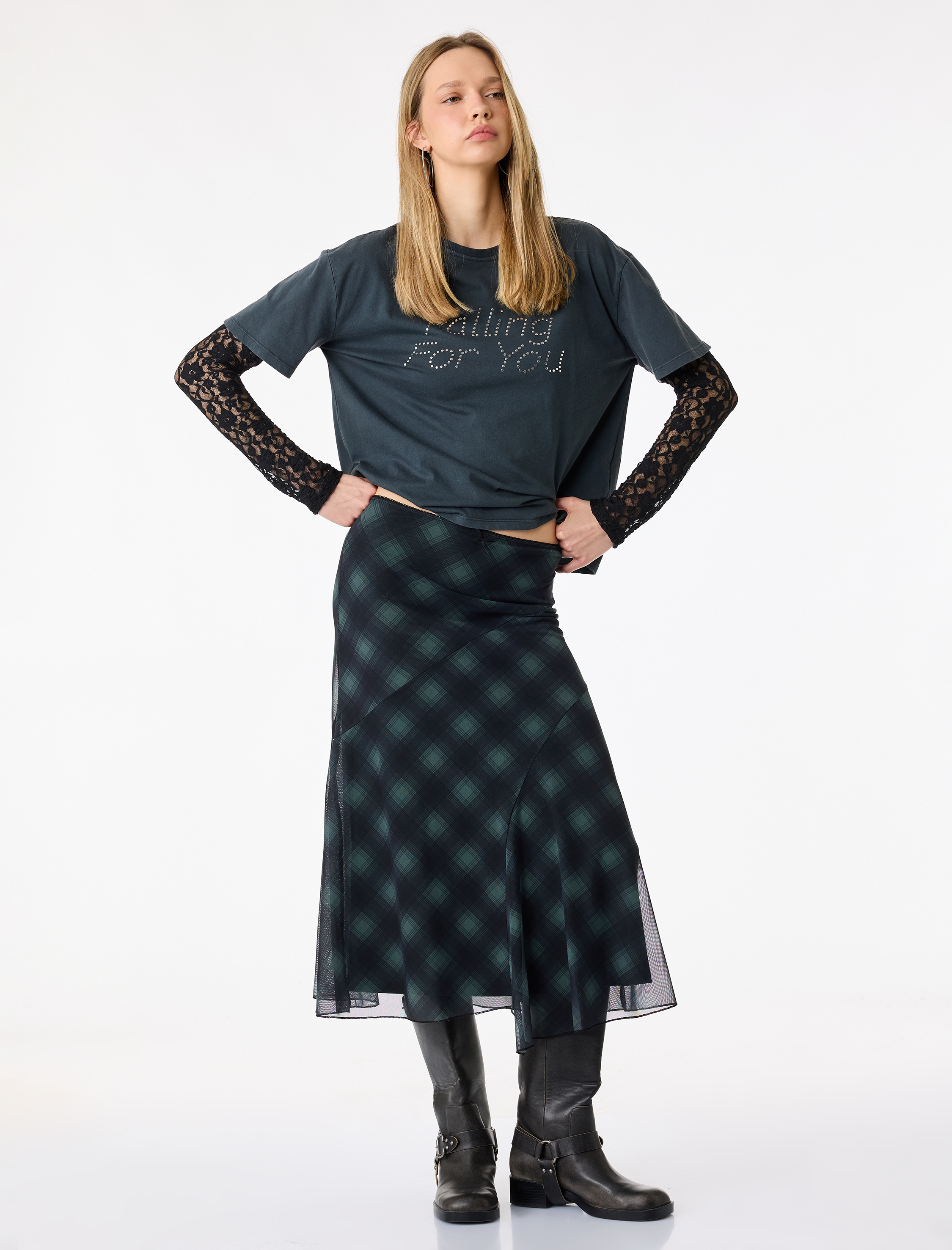   Asimetrik Kesim Ekoseli Midi Tül Etek