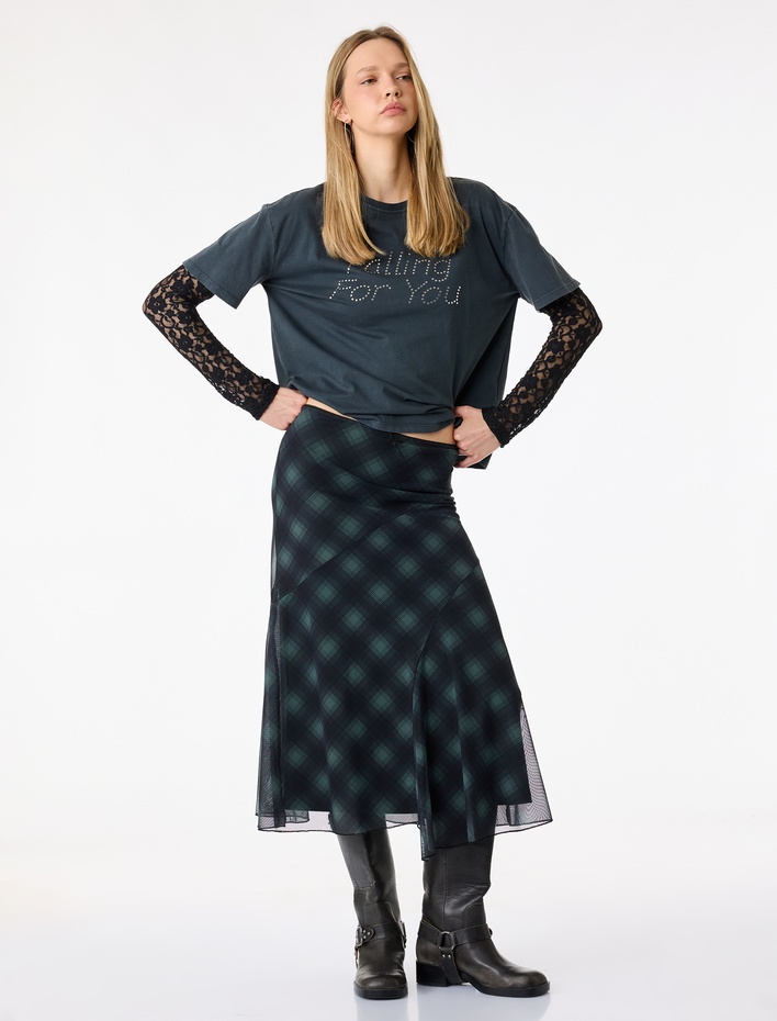  Asimetrik Kesim Ekoseli Midi Tül Etek