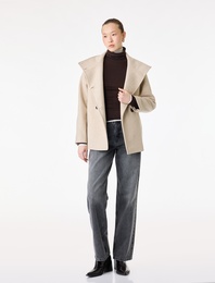 Uzun Kollu Düğmeli Cepli Dik Huni Yaka Kaşe Kaban