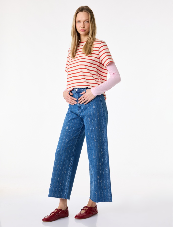  Yüksek Bel Taş Detaylı Kalpli Kısa Geniş Paça Denim Pantolon - Culotte Jeans