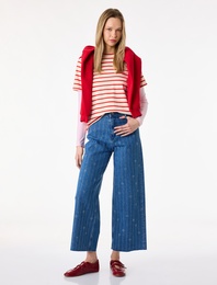 Yüksek Bel Taş Detaylı Kalpli Kısa Geniş Paça Denim Pantolon - Culotte Jeans