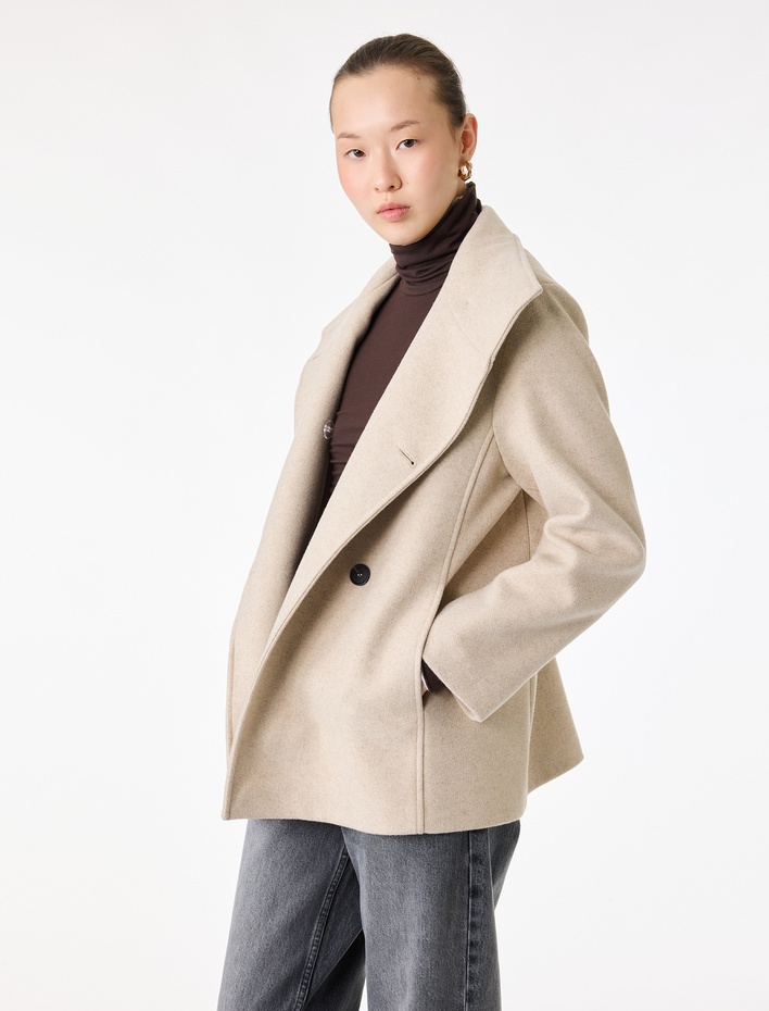  Uzun Kollu Düğmeli Cepli Dik Huni Yaka Kaşe Kaban