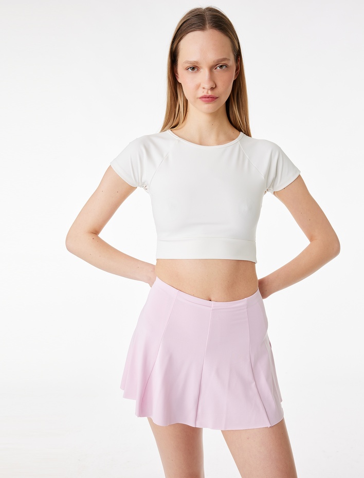  Slim Fit Kısa Kollu Bisiklet Yaka Bağlama Detaylı Crop Spor Tişört