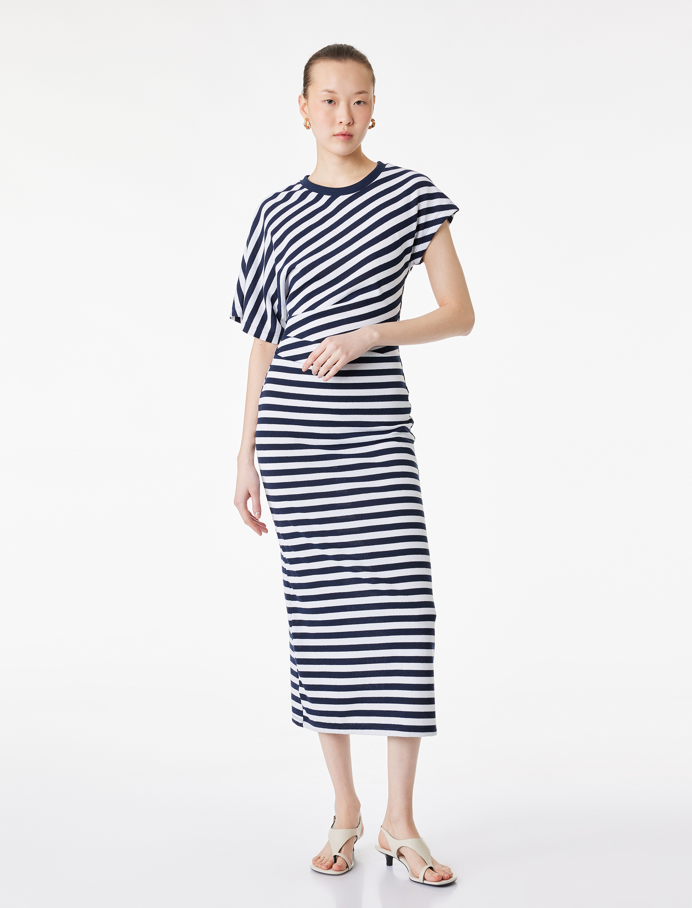   Kısa Kollu Bisiklet Yaka Drape Detaylı Çizgili Midi Elbise