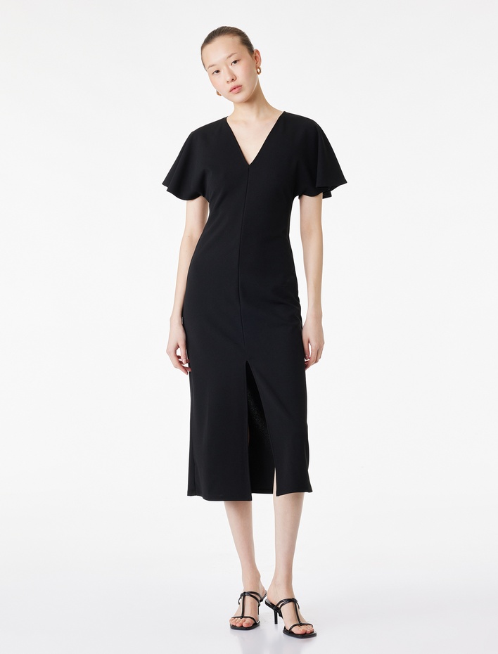  Krep Scuba Kumaş Kısa Yarasa Kollu Yırtmaçlı V Yaka Midi Elbise