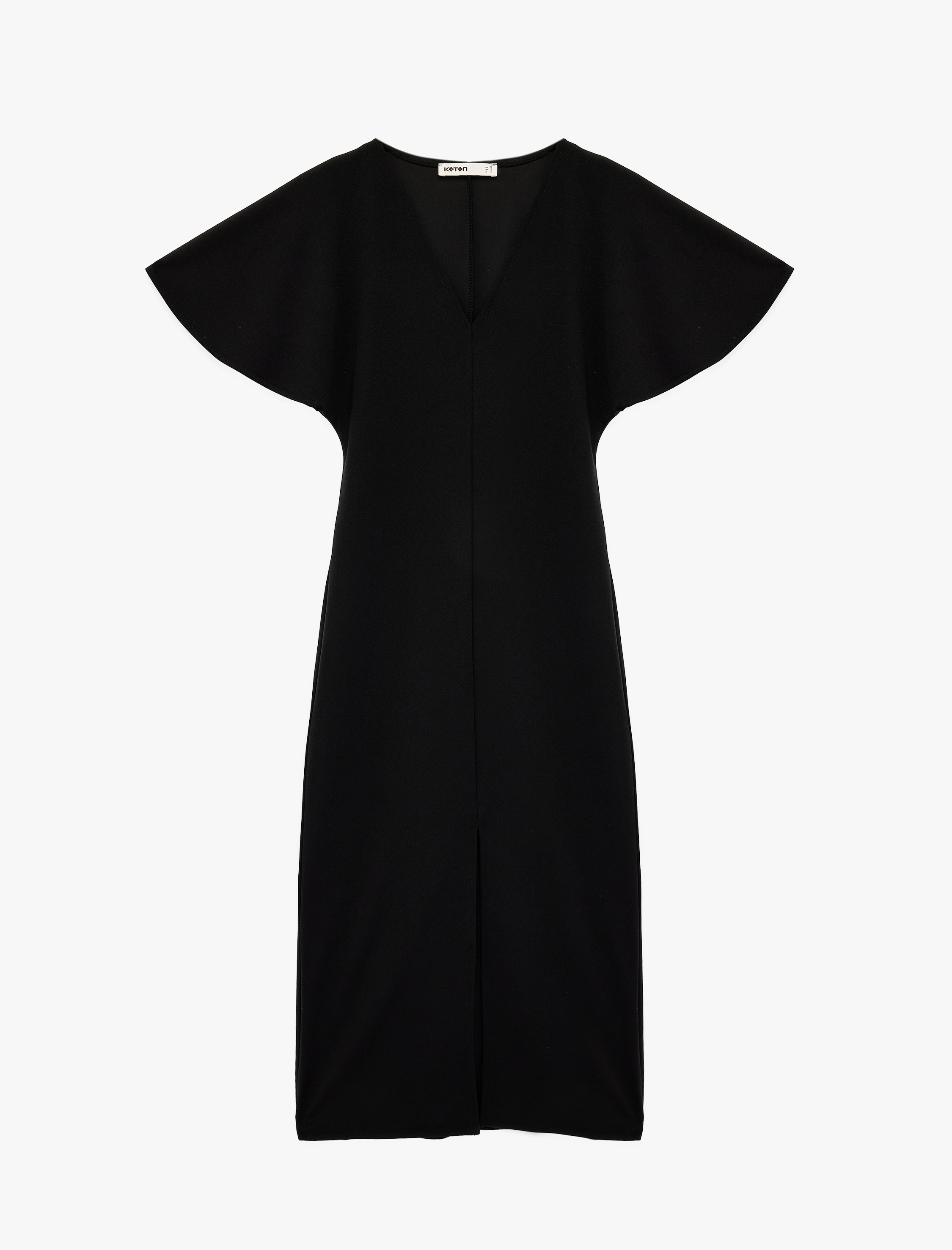   Krep Scuba Kumaş Kısa Yarasa Kollu Yırtmaçlı V Yaka Midi Elbise