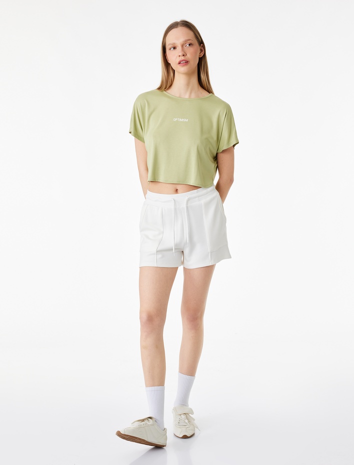  Rahat Kalıp Kısa Kollu Bisiklet Yaka Baskılı Modal Crop Spor Tişört