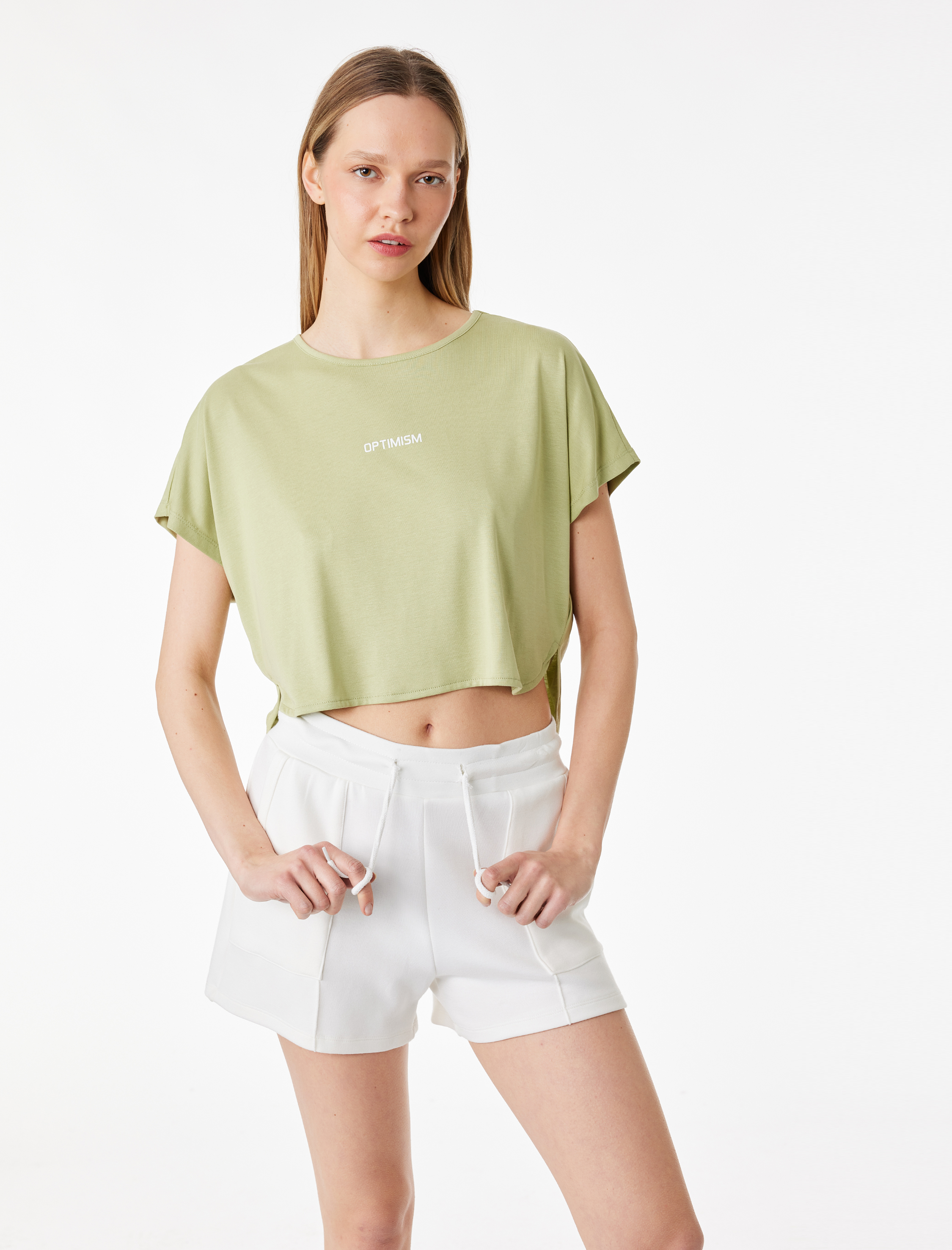   Rahat Kalıp Kısa Kollu Bisiklet Yaka Baskılı Modal Crop Spor Tişört