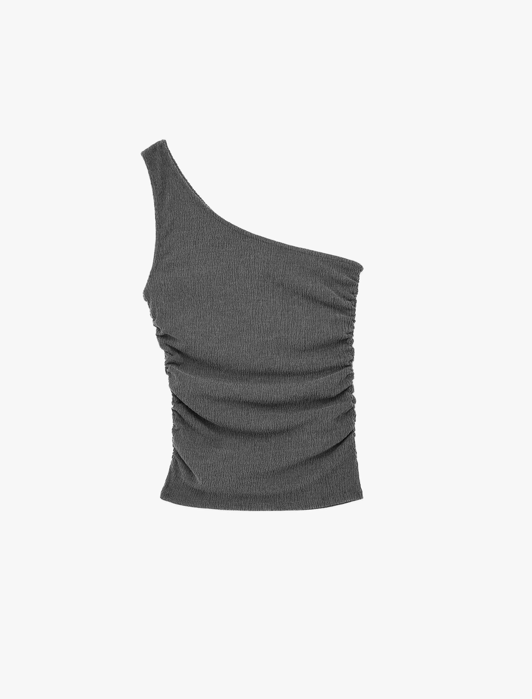   Bürümcük Kumaş Kolsuz Drape Detaylı Tek Omuz Bluz