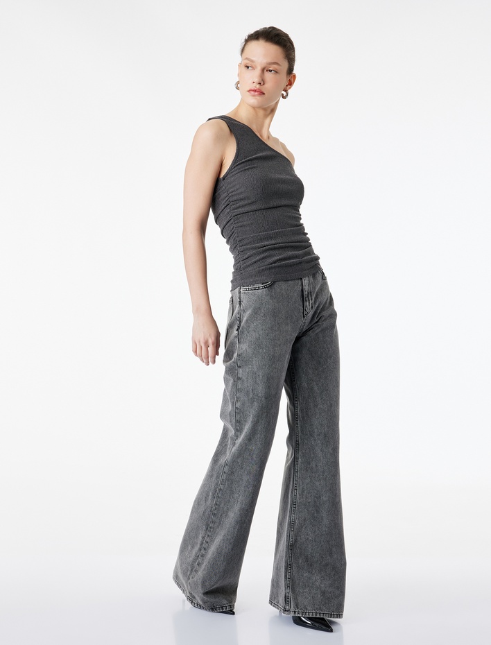  Bürümcük Kumaş Kolsuz Drape Detaylı Tek Omuz Bluz