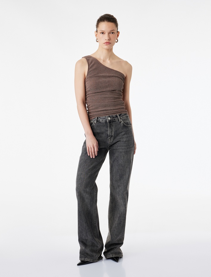  Bürümcük Kumaş Kolsuz Drape Detaylı Tek Omuz Bluz