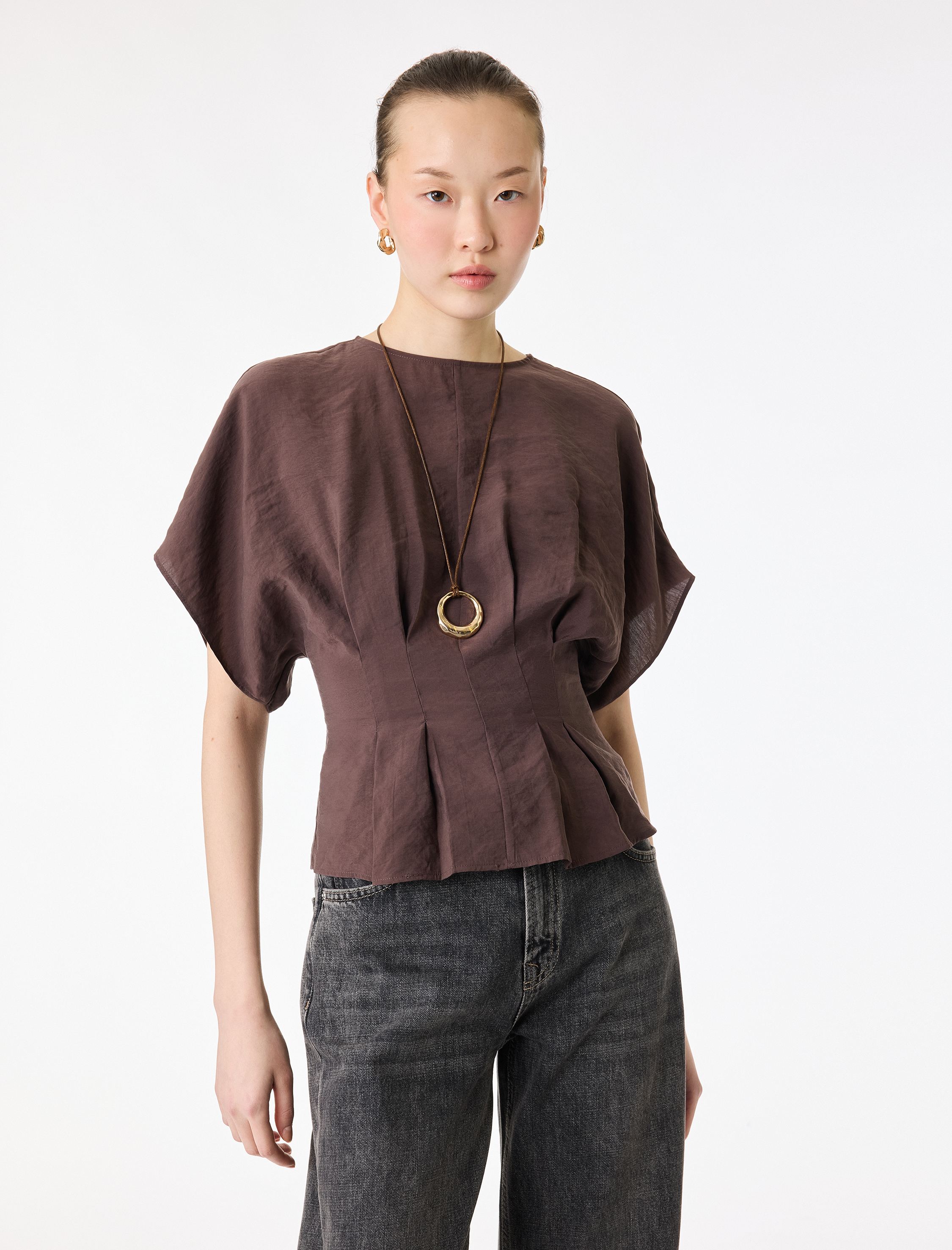   Modal Kumaş Slim Fit Pile Detaylı Kap Kol Bisiklet Yaka Crop Bluz