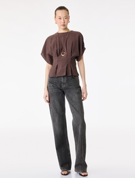 Modal Kumaş Slim Fit Pile Detaylı Kap Kol Bisiklet Yaka Crop Bluz