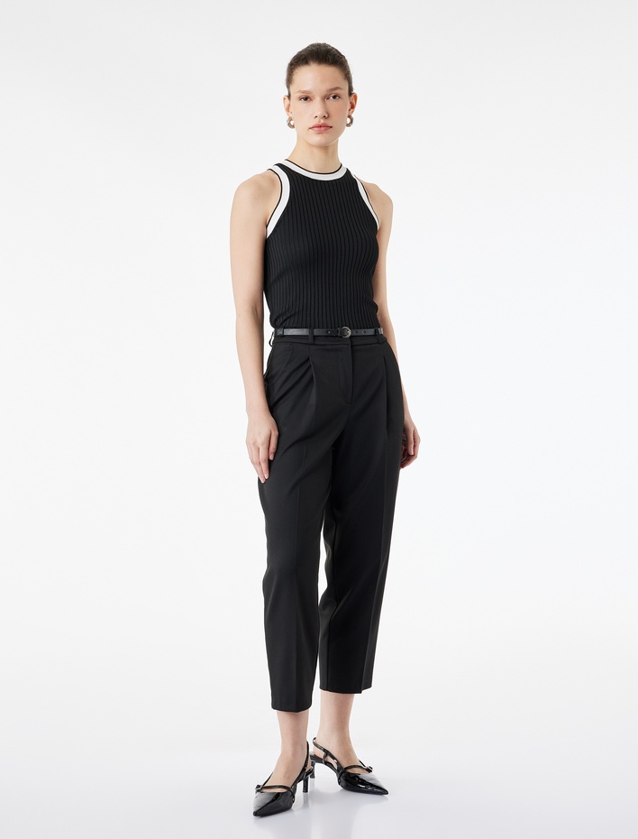  Yüksek Bel Rahat Kalıp Cepli Kemer Detaylı Cigarette Pantolon