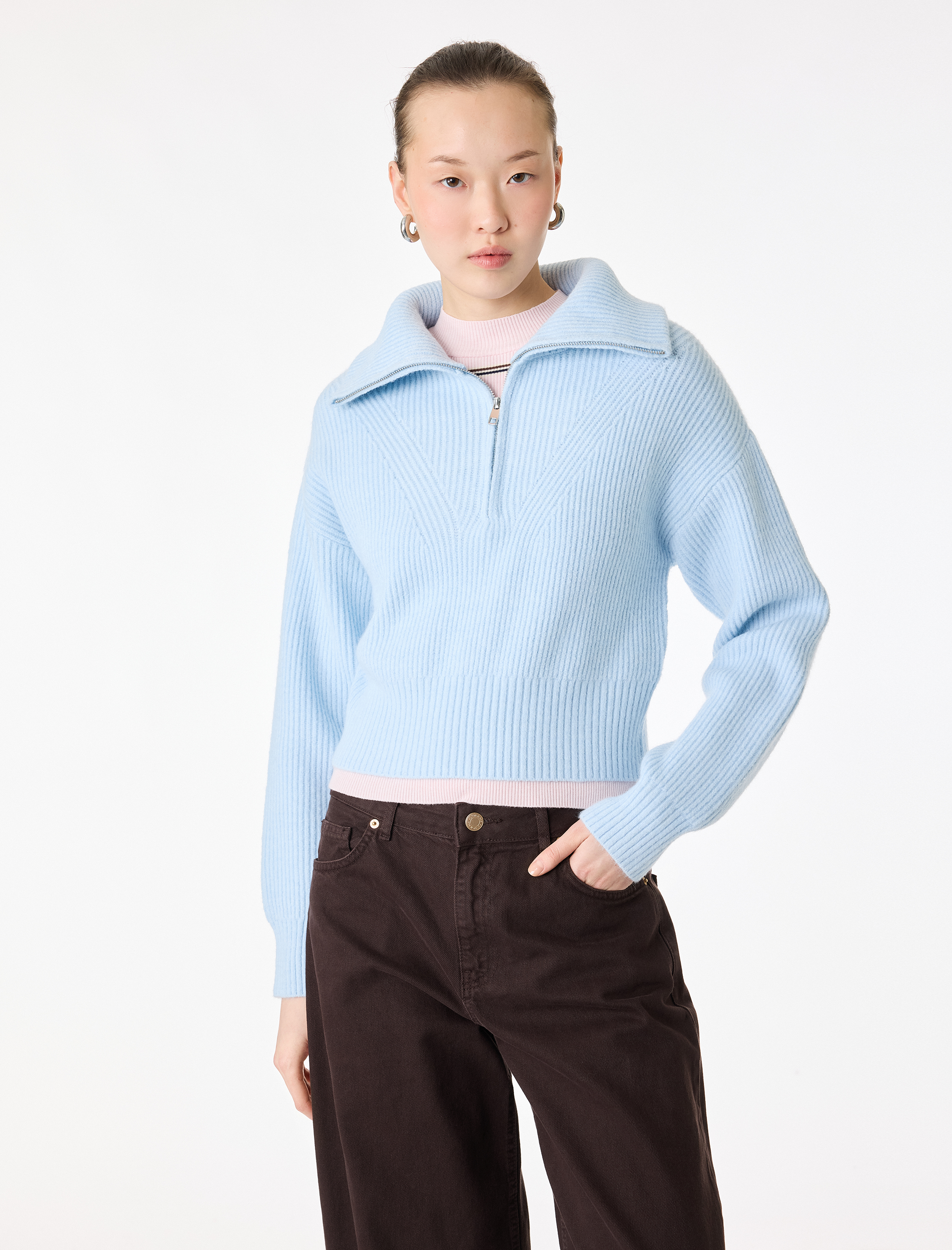   Uzun Kollu Yarım Fermuarlı Devrik Yaka Triko Kazak