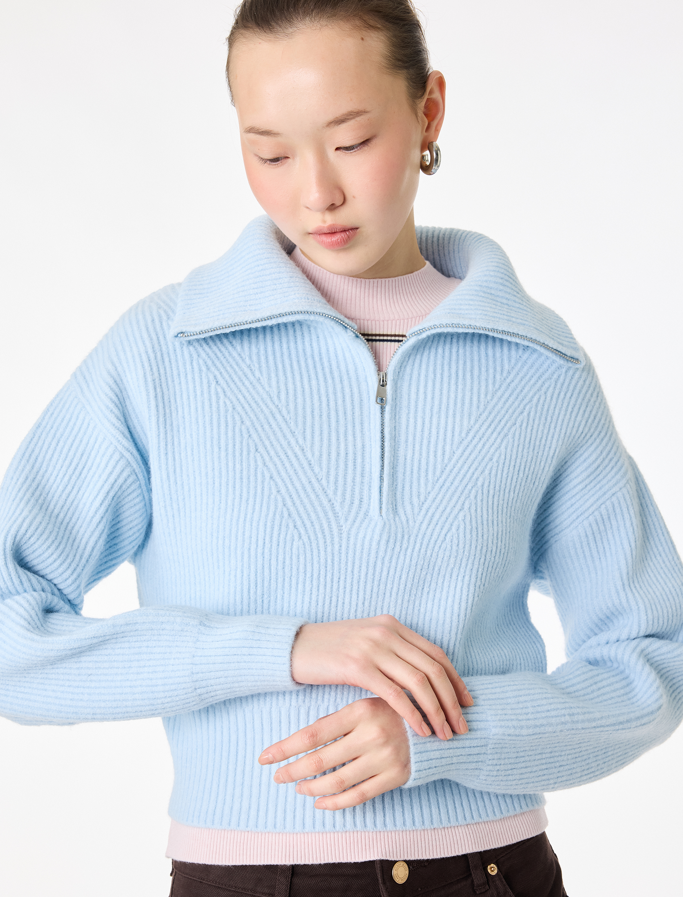   Uzun Kollu Yarım Fermuarlı Devrik Yaka Triko Kazak