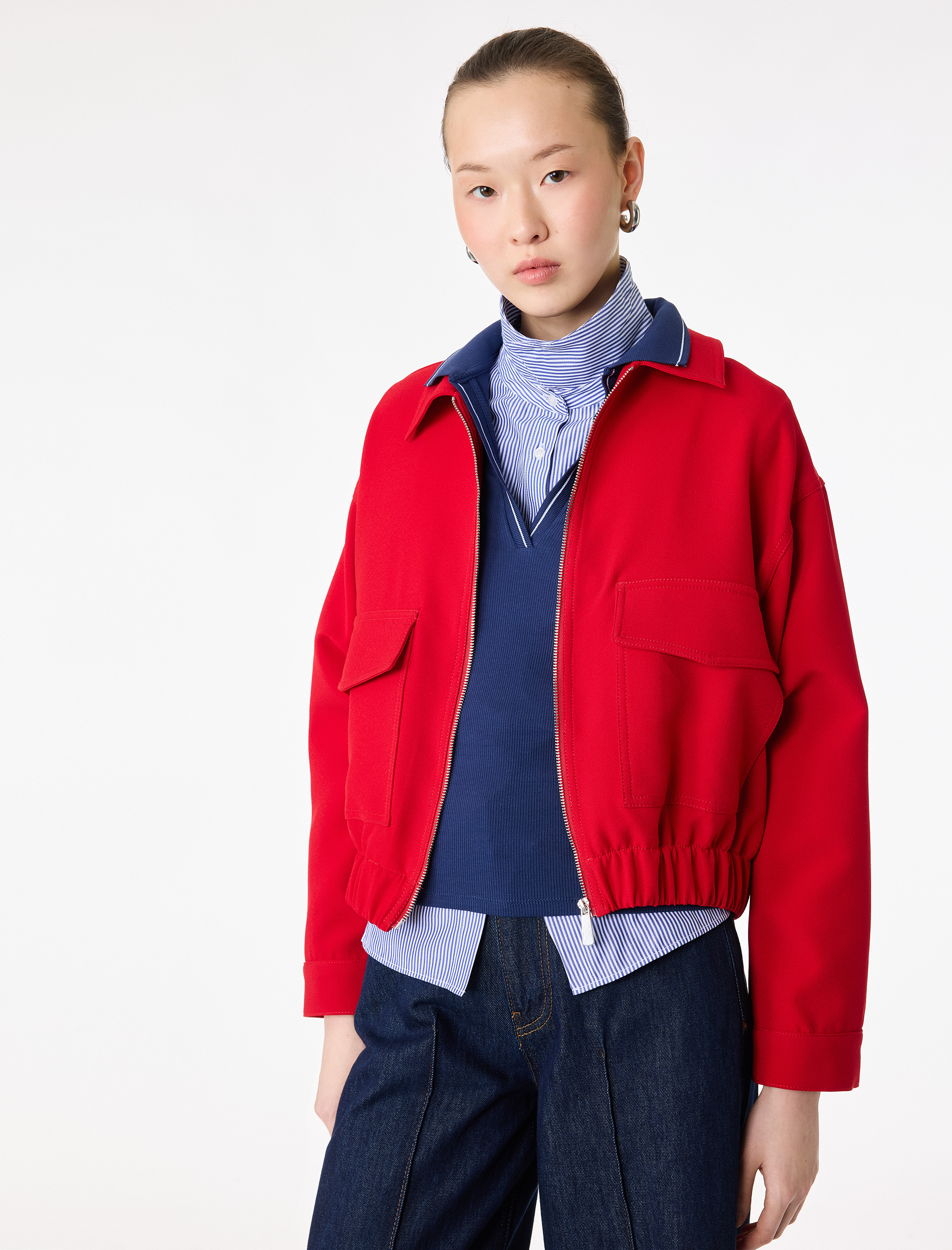   Uzun Kollu Cepli Fermuarlı Crop Oversize Bomber Ceket