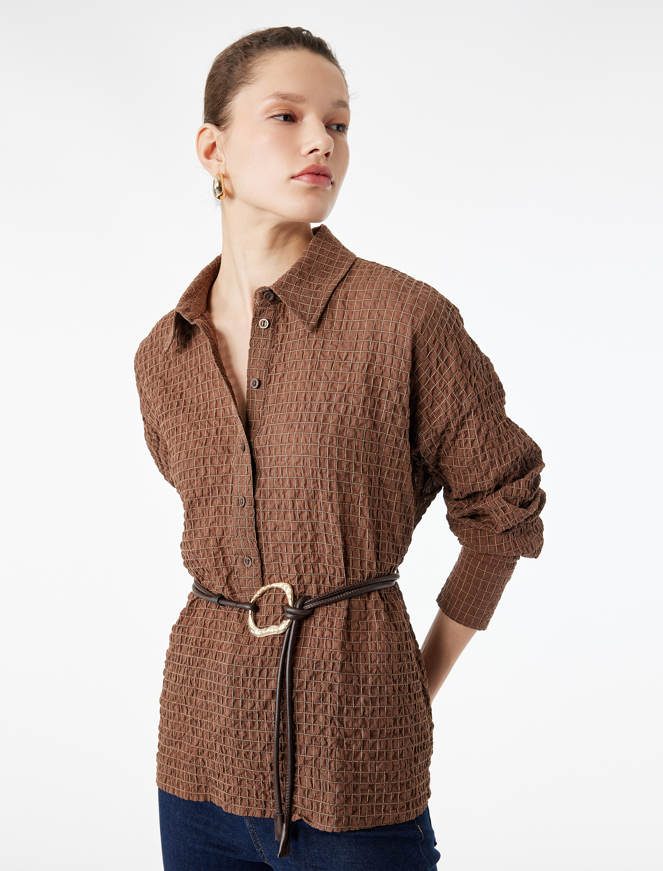   Regular Fit Uzun Kollu Kareli Kemerli Gömlek