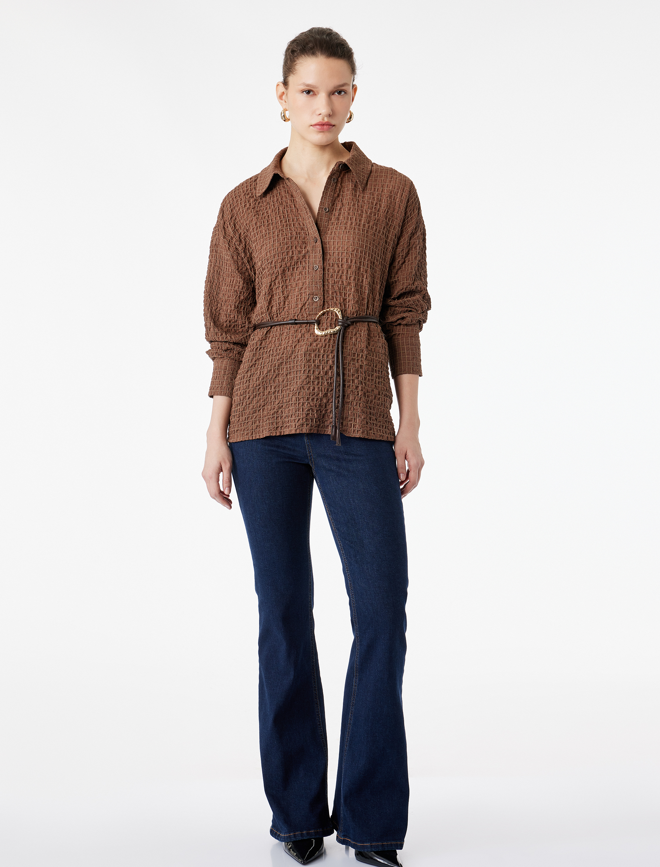   Regular Fit Uzun Kollu Kareli Kemerli Gömlek