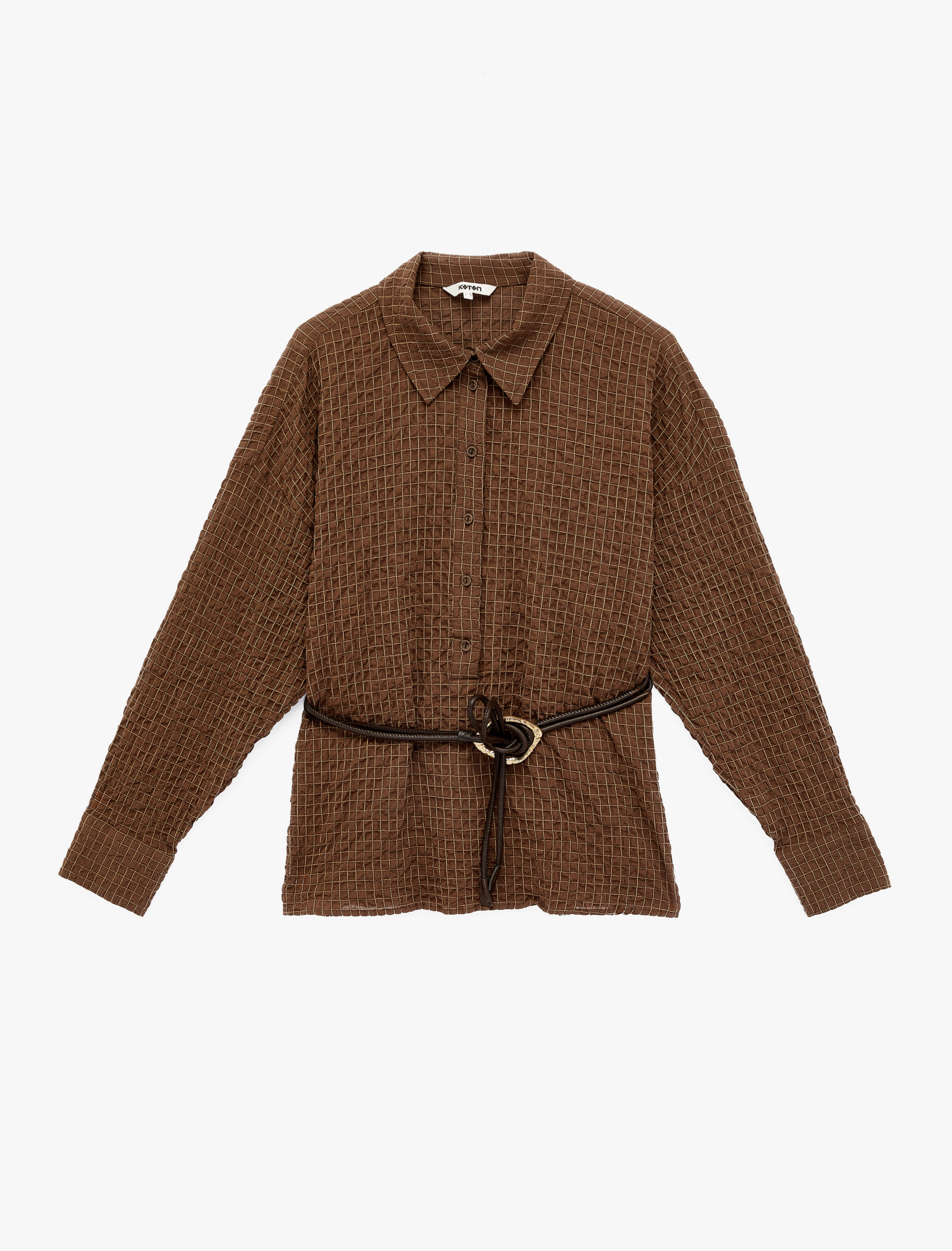   Regular Fit Uzun Kollu Kareli Kemerli Gömlek