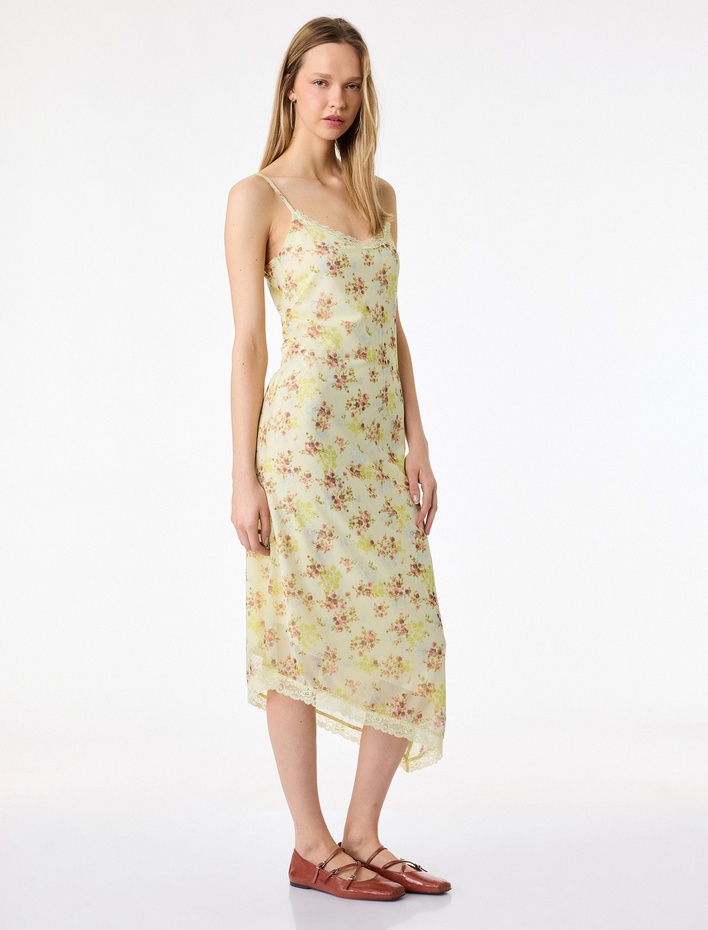  Dantel Detaylı Midi Boy İnce Askılı Çiçekli Elbise