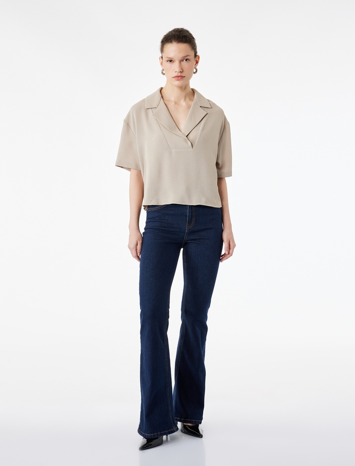  Regular Fit Kısa Kollu Ceket Yaka Bluz