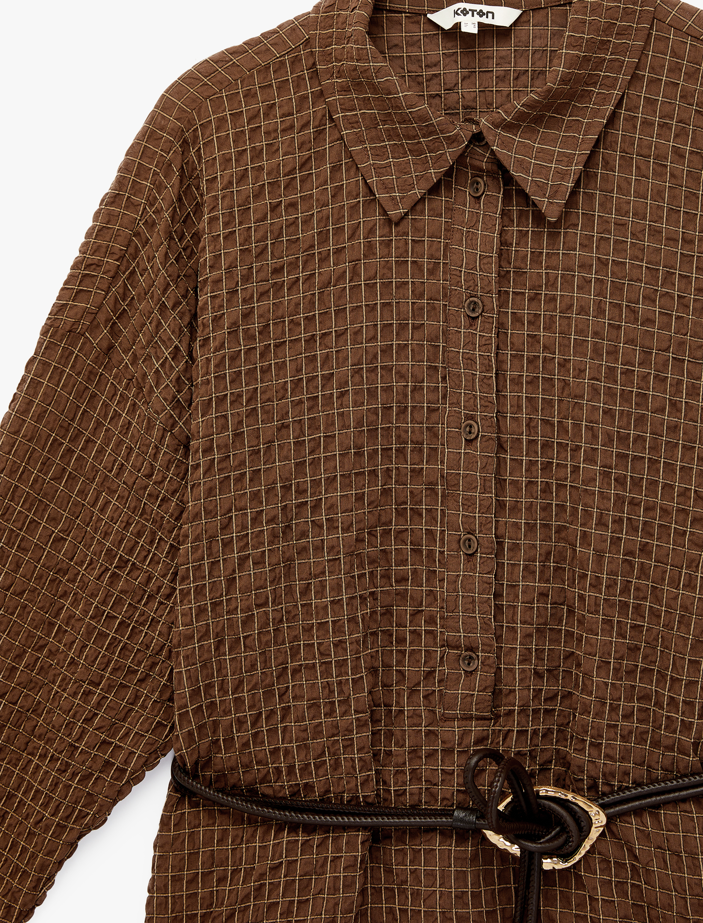   Regular Fit Uzun Kollu Kareli Kemerli Gömlek