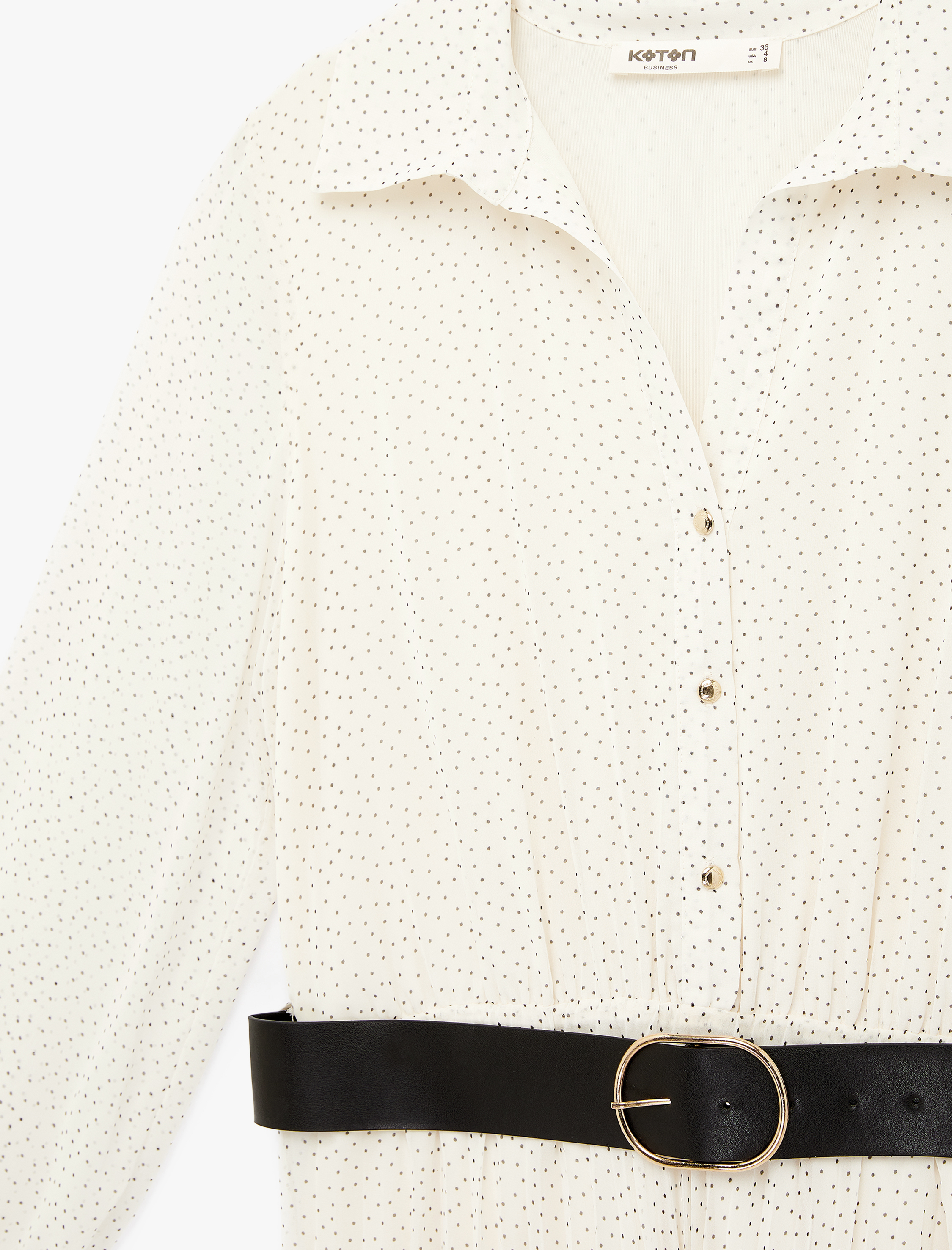   Uzun Kollu Kemerli Düğmeli Şifon Gömlek Elbise