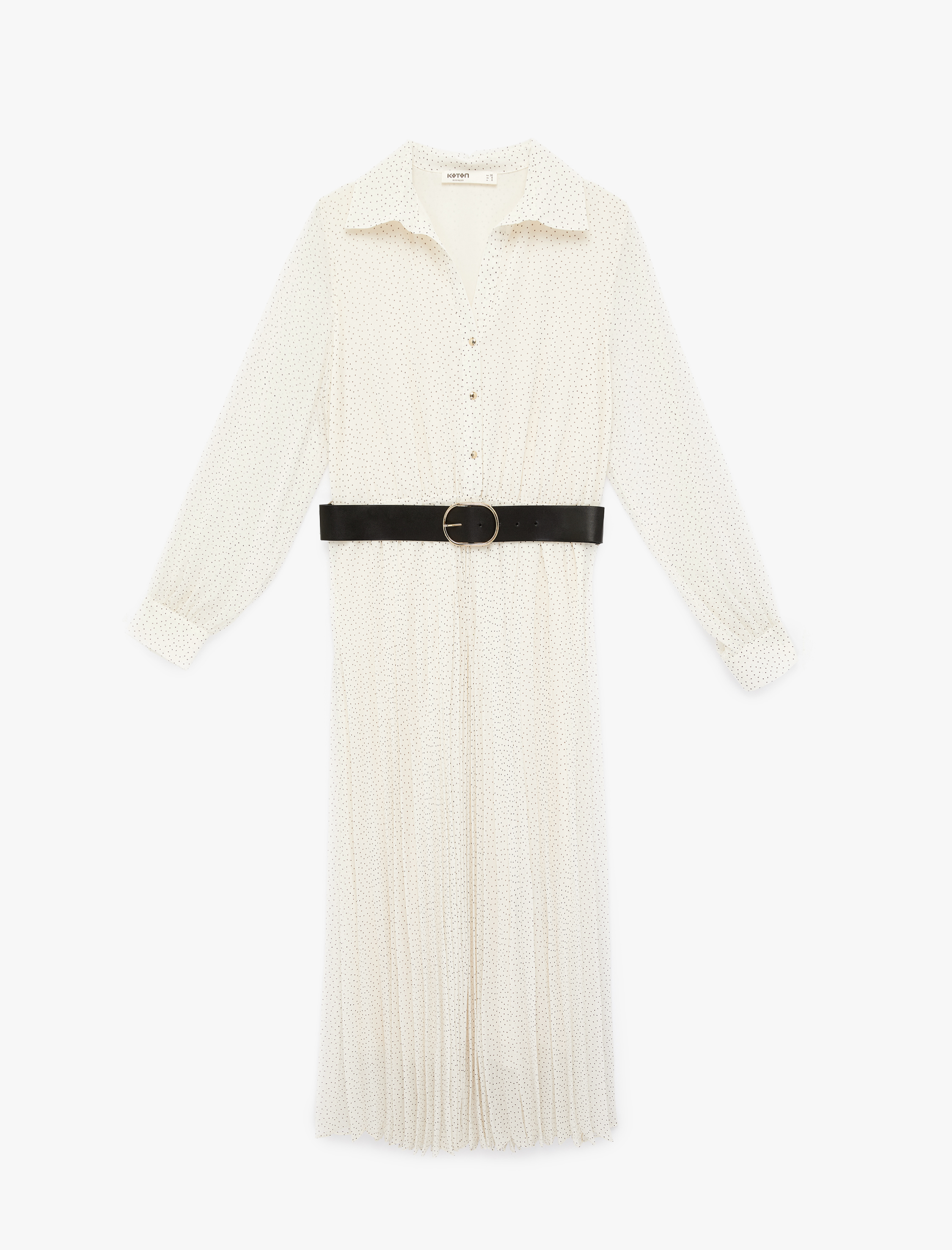   Uzun Kollu Kemerli Düğmeli Şifon Gömlek Elbise