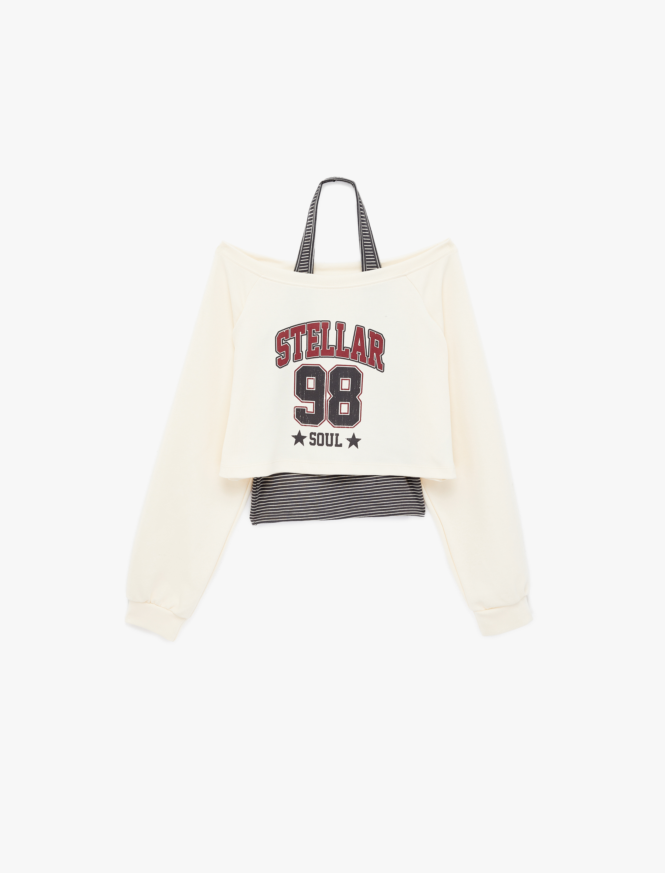   Rahat Kalıp Uzun Kollu Boyundan Bağlama Detaylı Crop Baskılı Sweatshirt