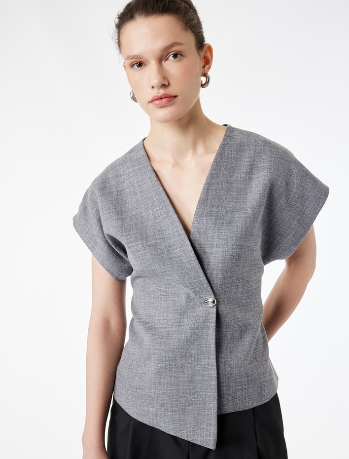  Metal Aksesuarlı Oversize Kruvaze Yelek