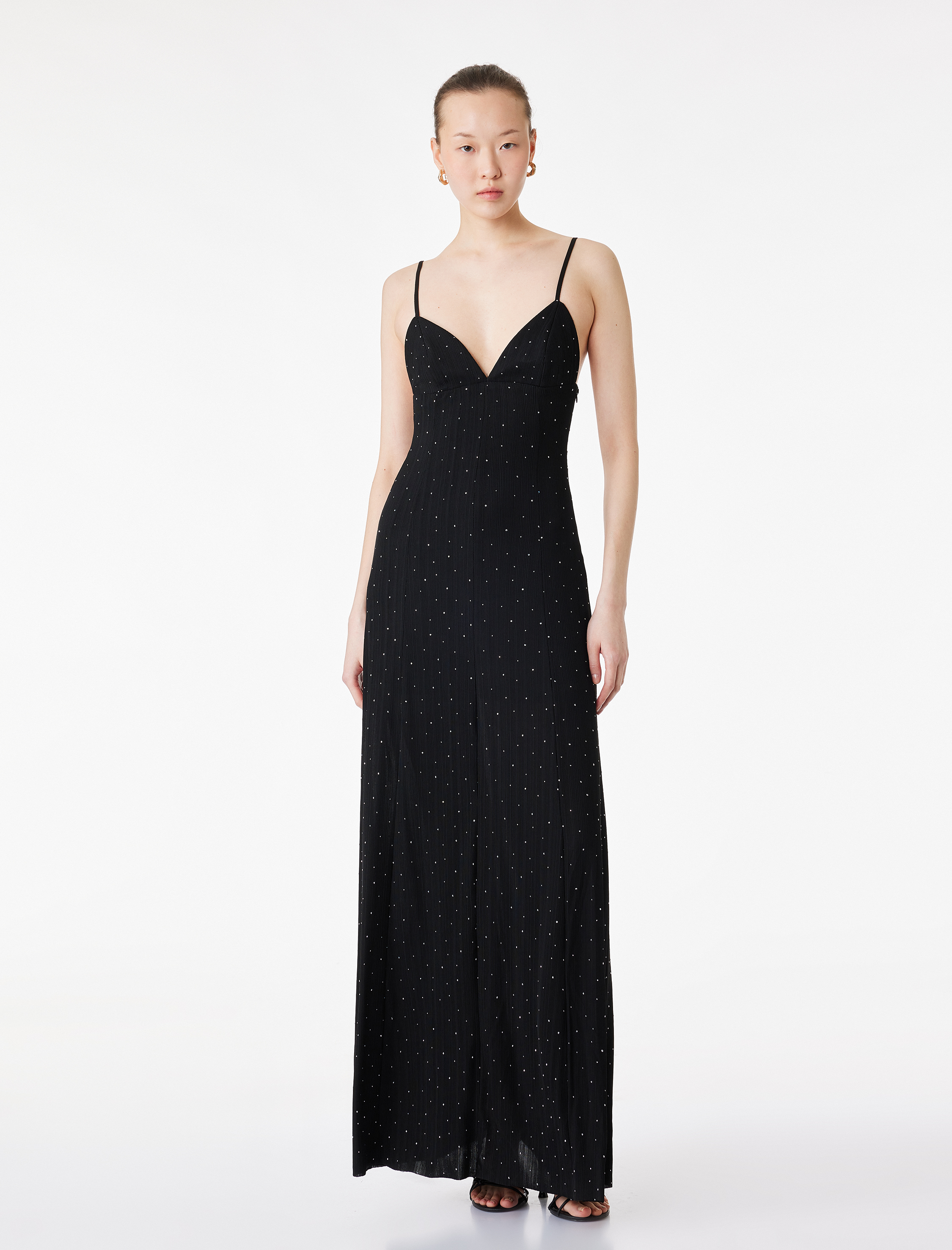   Slim Fit V Yakince Askılı Uzun Taşlı Slip Elbise