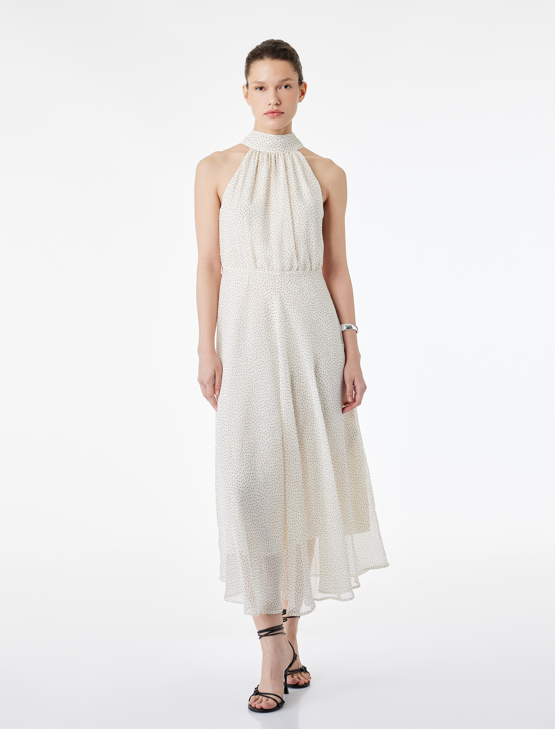   Midi Boy Puantiyeli Halter Yaka Şifon Elbise