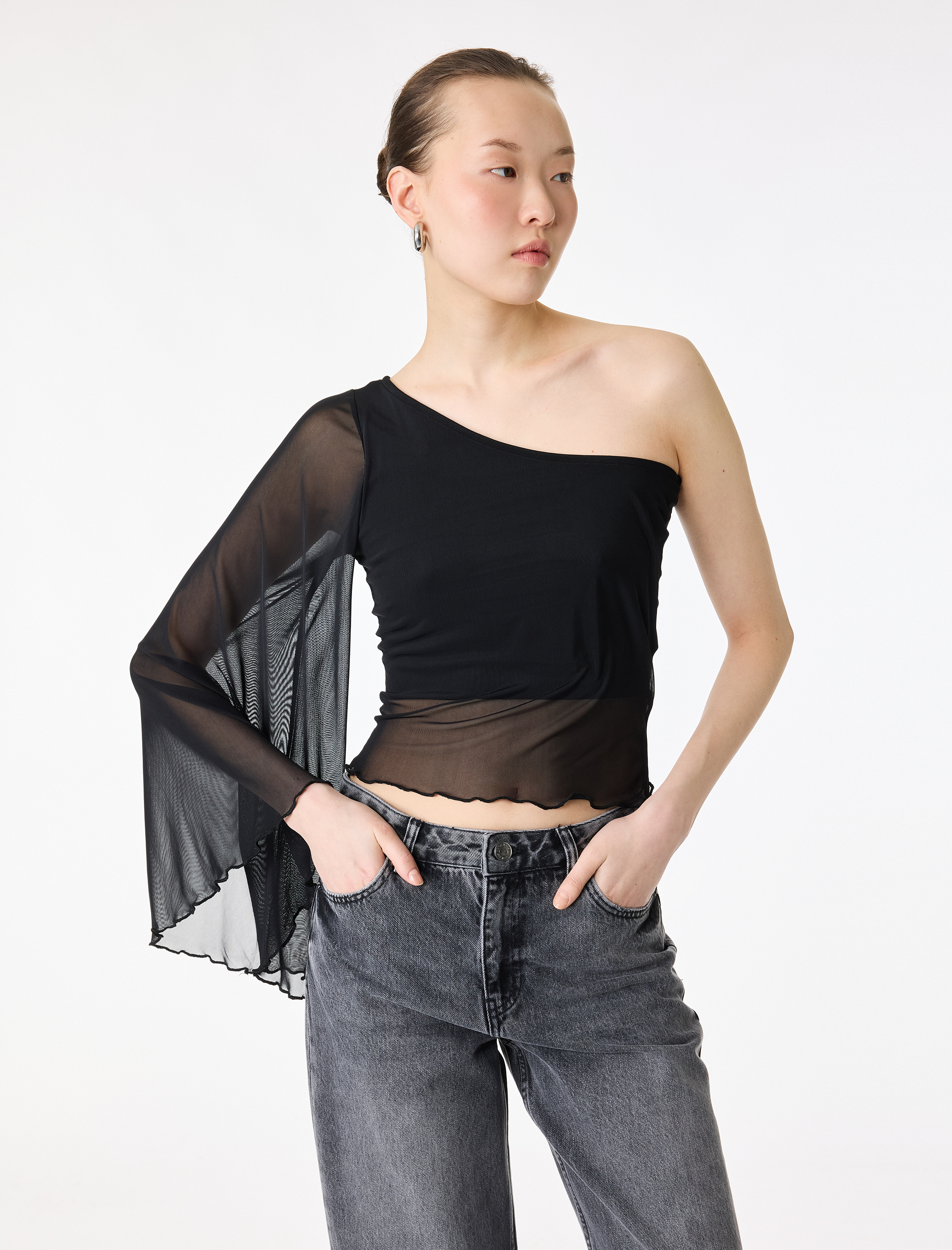   Slim Fit Tül Tek Omuz Bluz