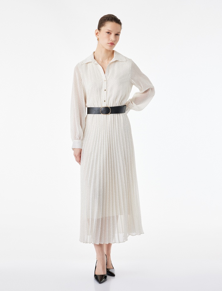  Uzun Kollu Kemerli Düğmeli Şifon Gömlek Elbise