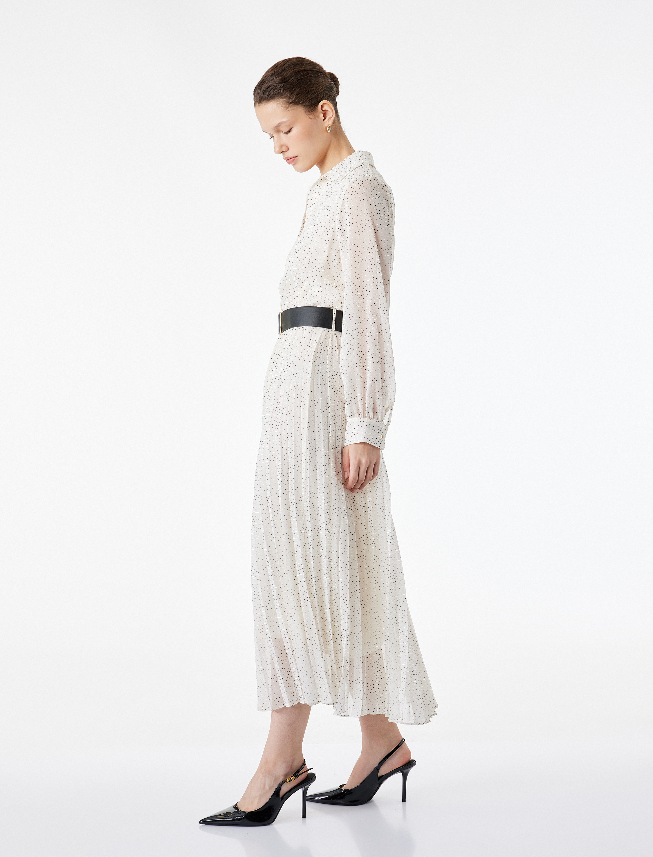   Uzun Kollu Kemerli Düğmeli Şifon Gömlek Elbise