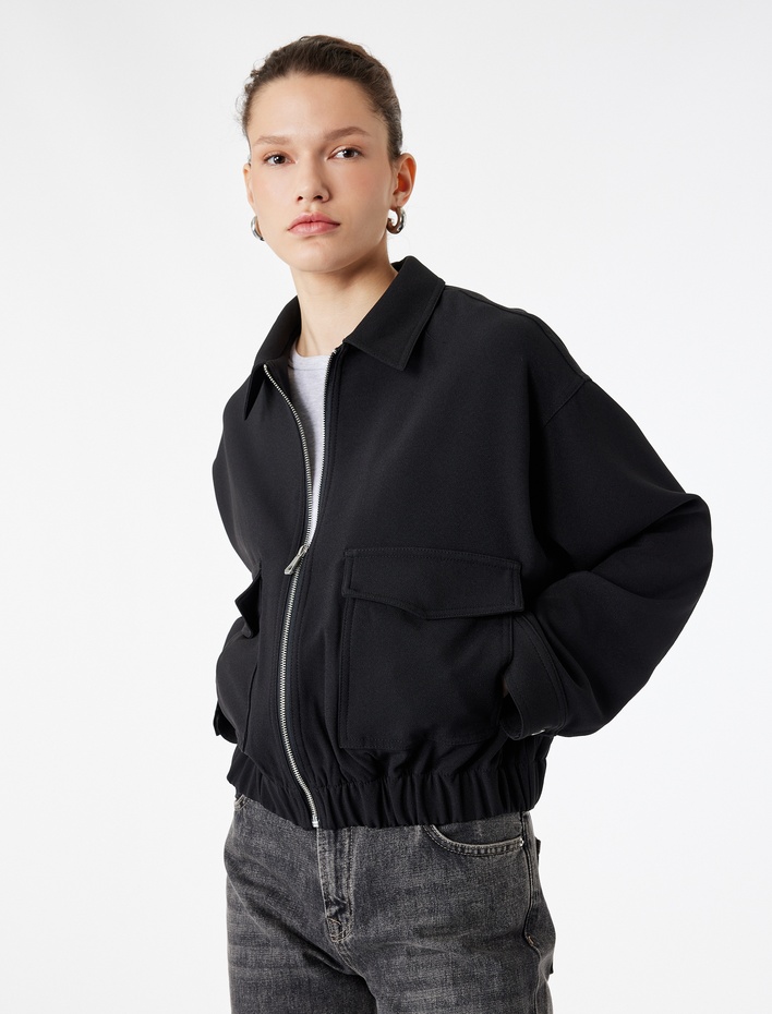  Uzun Kollu Cepli Fermuarlı Gabardin Crop Bomber Ceket