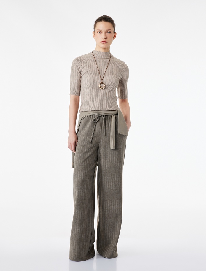  Beli Bağcıklı Cepli Geniş Paça Çizgili Pantolon