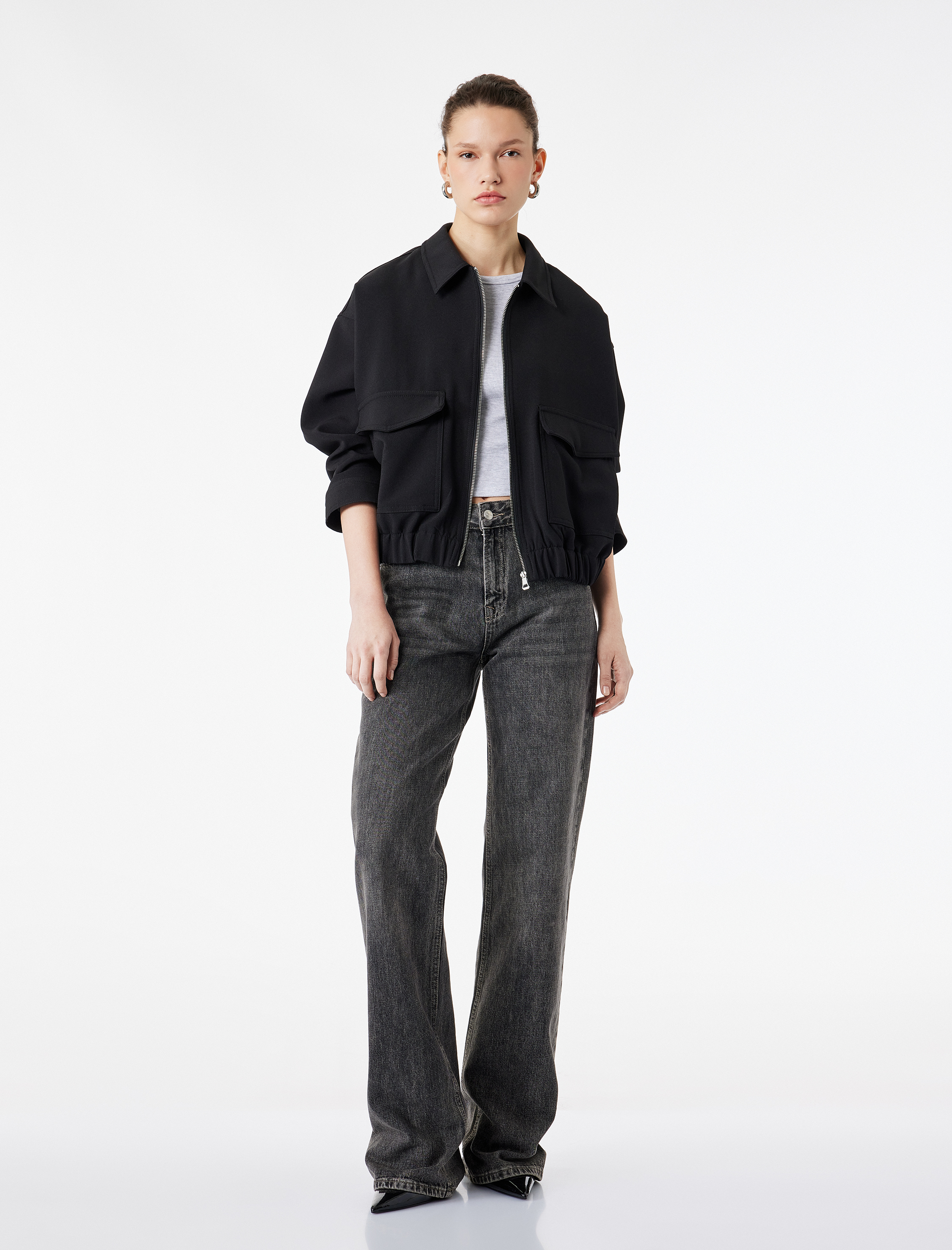   Uzun Kollu Cepli Fermuarlı Gabardin Crop Bomber Ceket