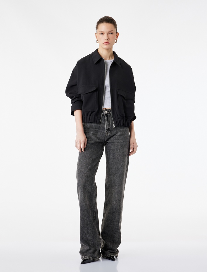  Uzun Kollu Cepli Fermuarlı Gabardin Crop Bomber Ceket