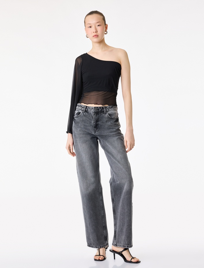  Slim Fit Tül Tek Omuz Bluz