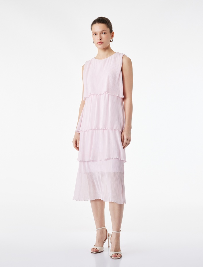  Kolsuz Bisiklet Yaka Kat Kat Volümlü Midi Şifon Elbise