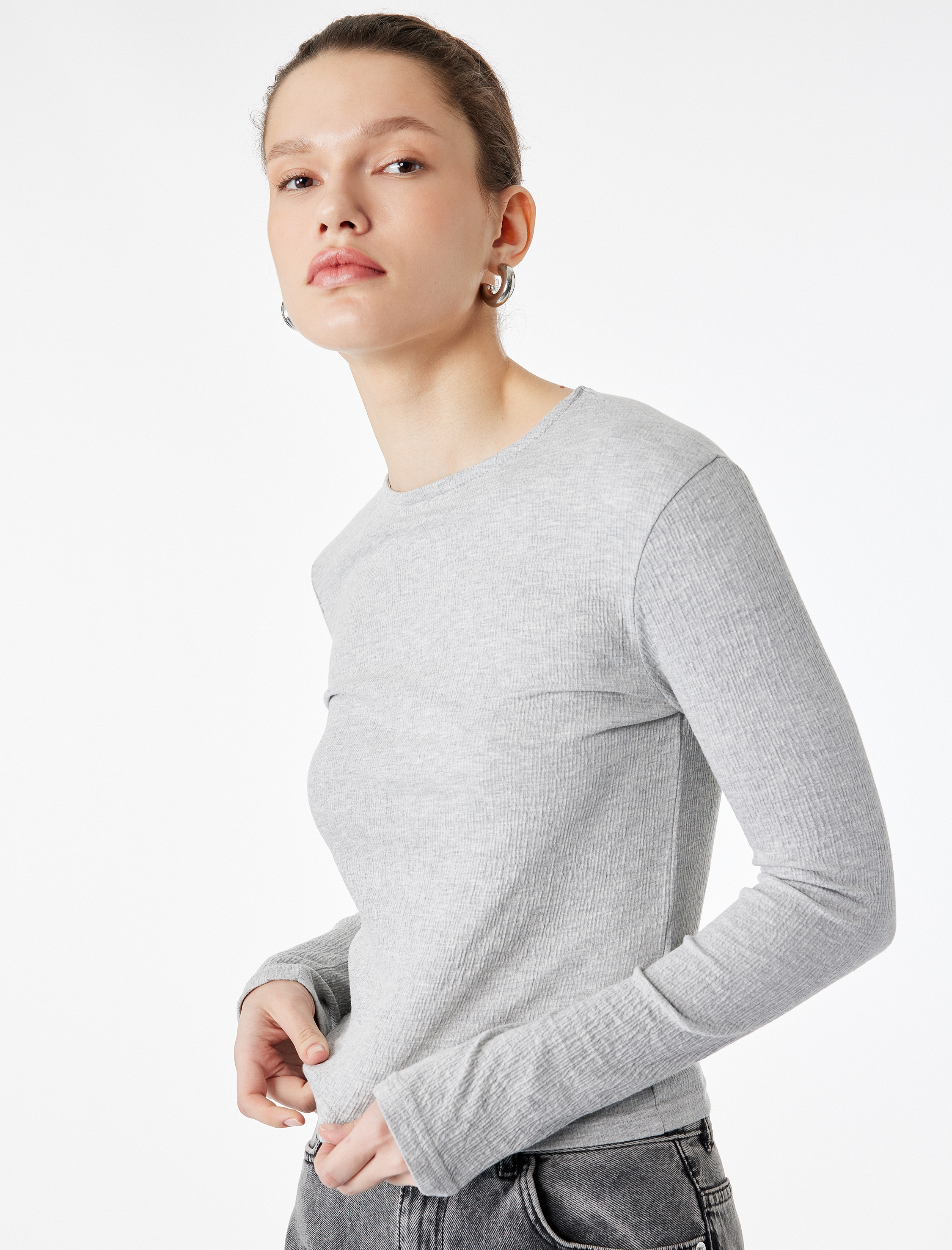   Slim Fit Uzun Kollu Bisiklet Yaka Basic Tişört