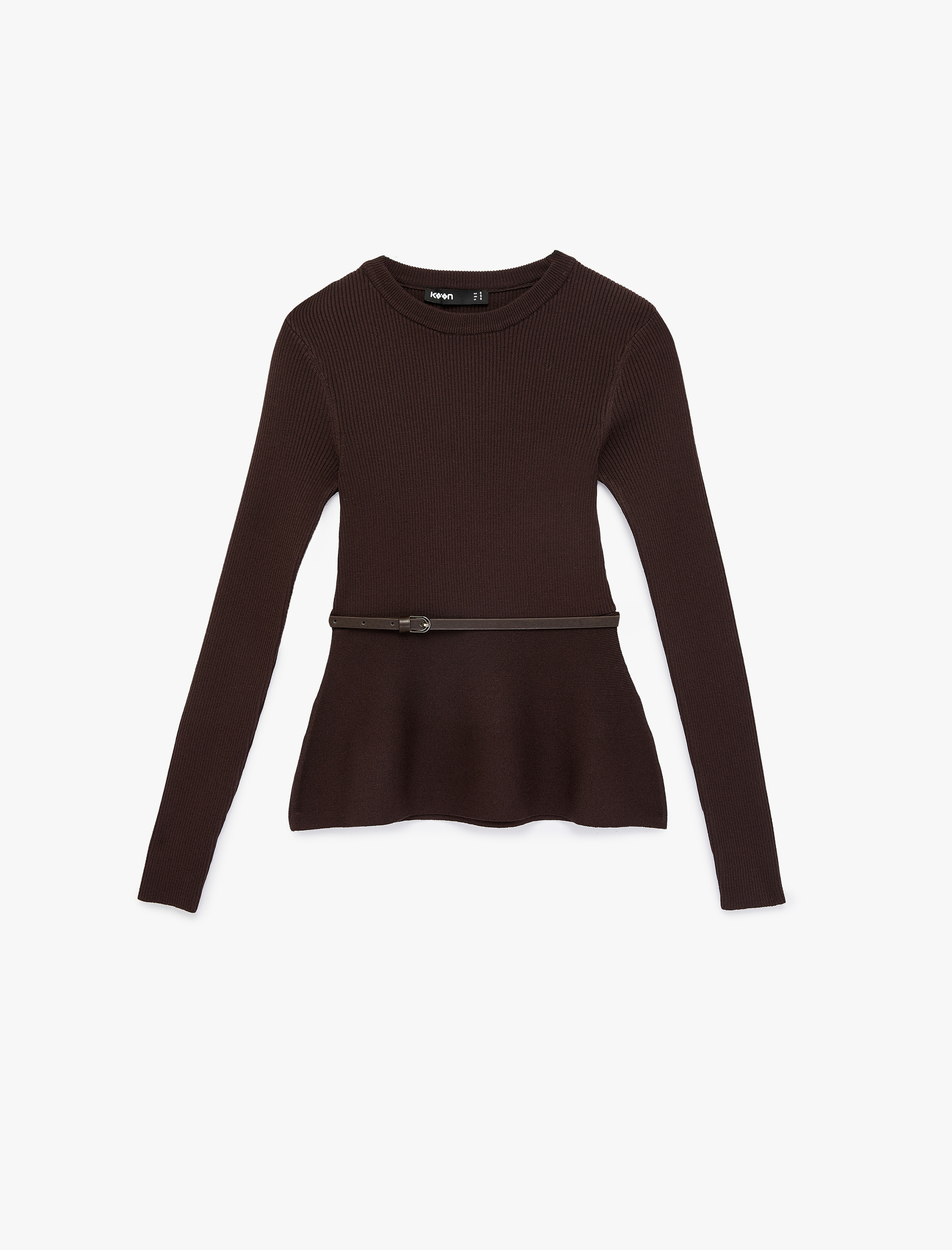   Uzun Kollu Bisiklet Yaka Kemer Detaylı Peplum Kesim Triko Kazak